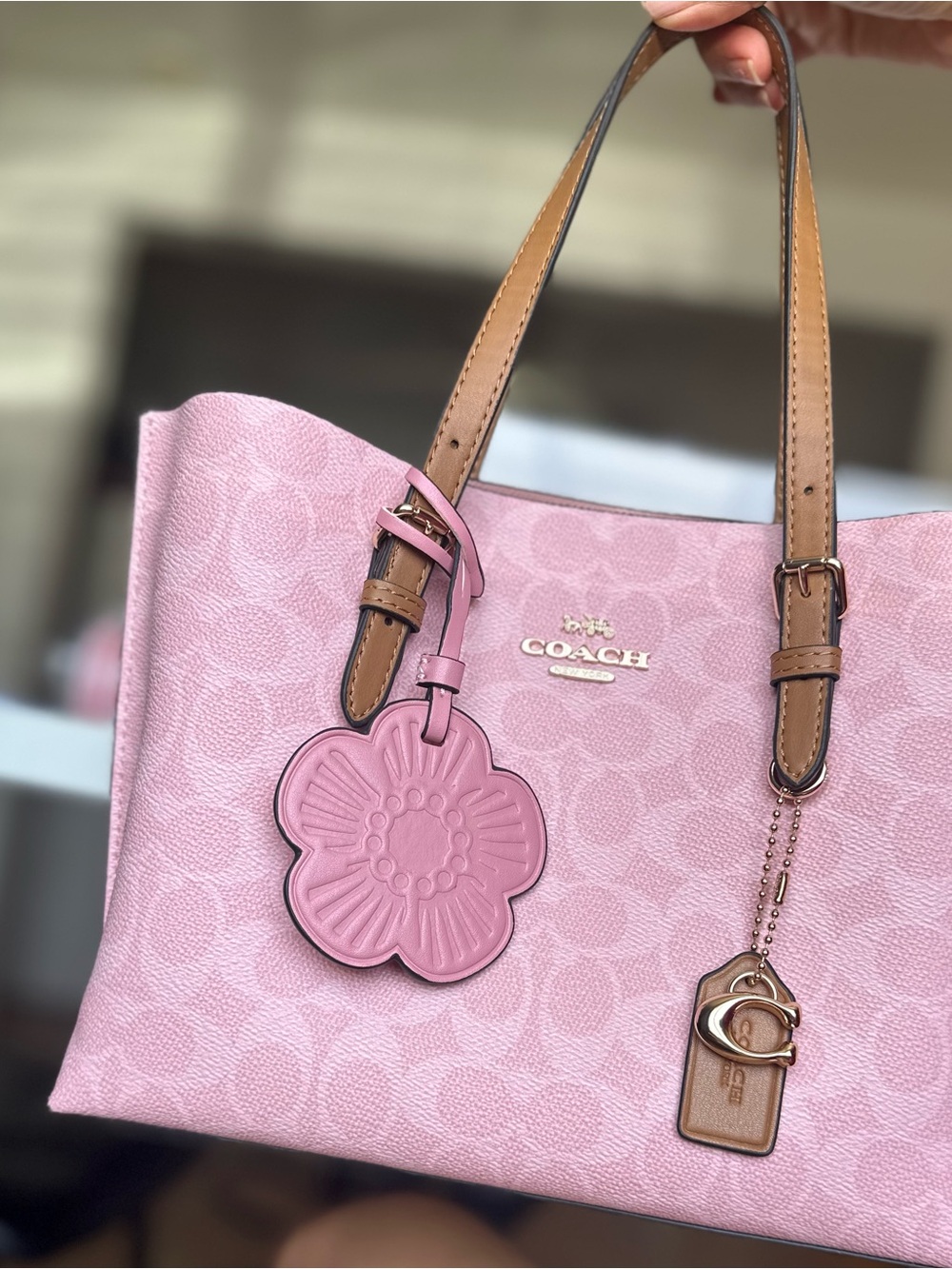 Coach Pink Signature Tote with Floral Charm and Tan Straps
